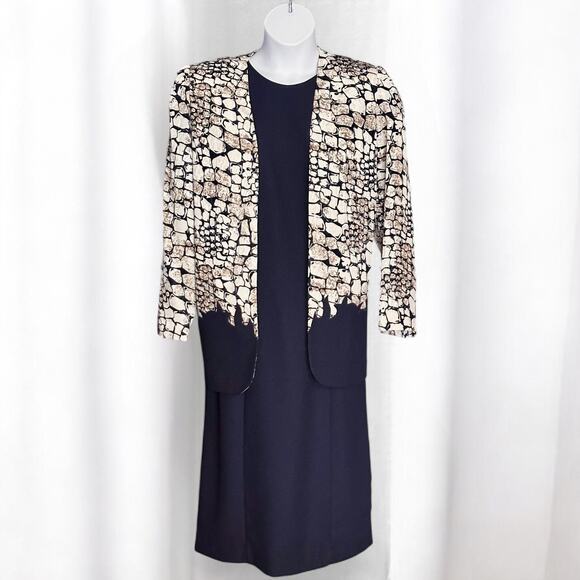 Vintage 80s Jo Hanna York Midi Dress & Jacket Set Sz 16 Blue Gold Metallic Glam - Picture 2 of 11